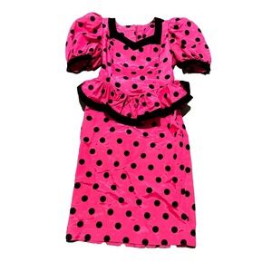 Vintage Leslie Lucks Dress Polka Dot  Kelly Bows Statement size 6 pink black